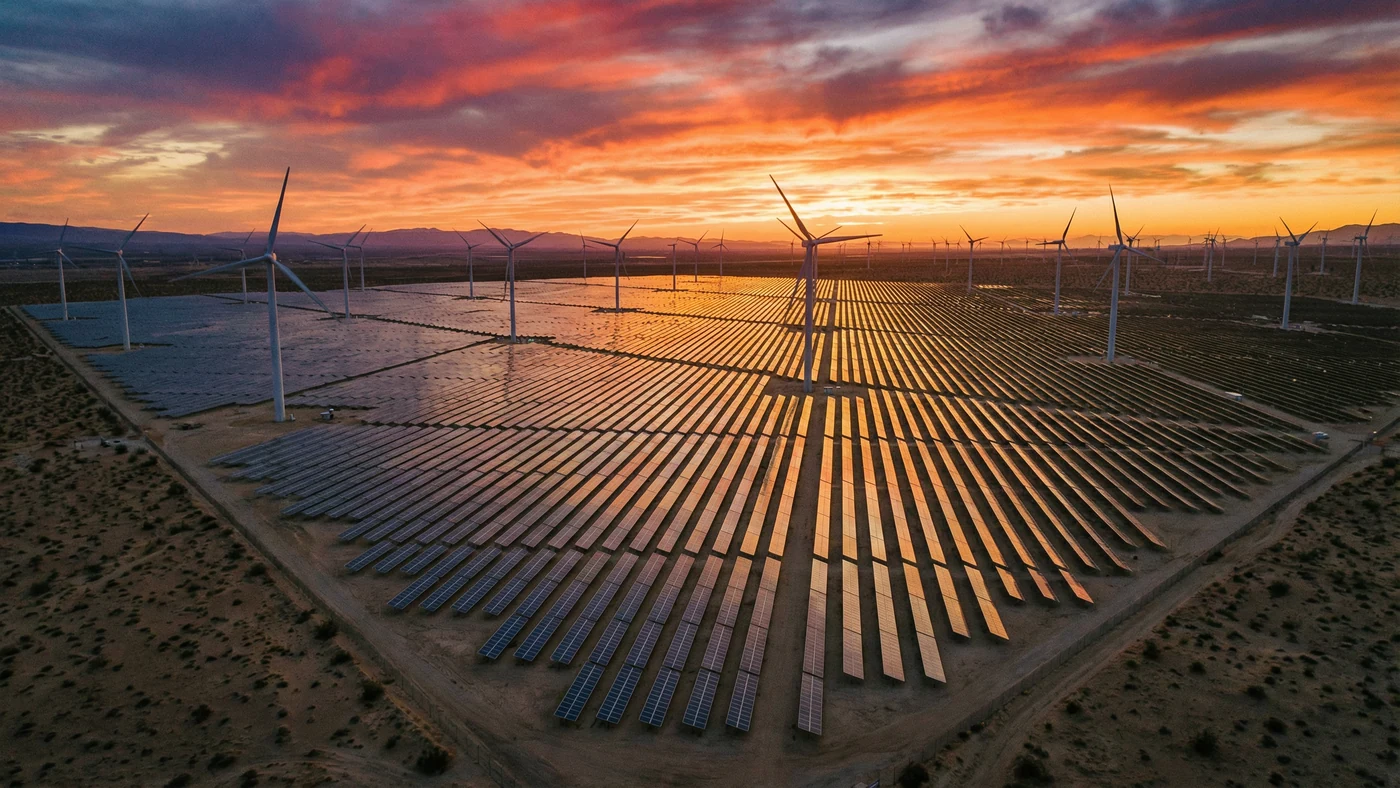 Utility-scale solar and wind energy farm at sunset