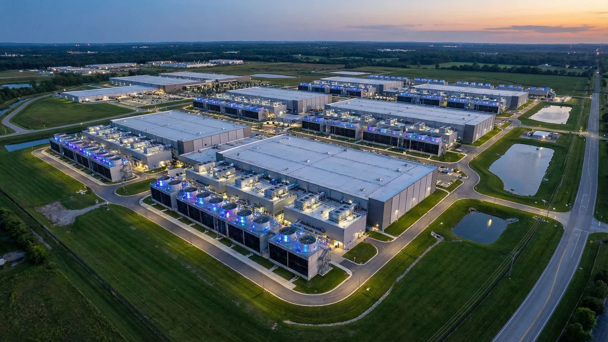 Hyperscale data center campus at twilight